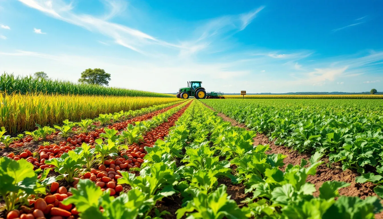In this image, a farmer is seen integrating root crops into a multi-layer farming system, showcasing the benefits of improved soil health and crop yields. The scene highlights various root systems, including fibrous and tap roots, emphasizing the importance of cover crops and reduced tillage for enhancing soil conditions and promoting nutrient uptake.