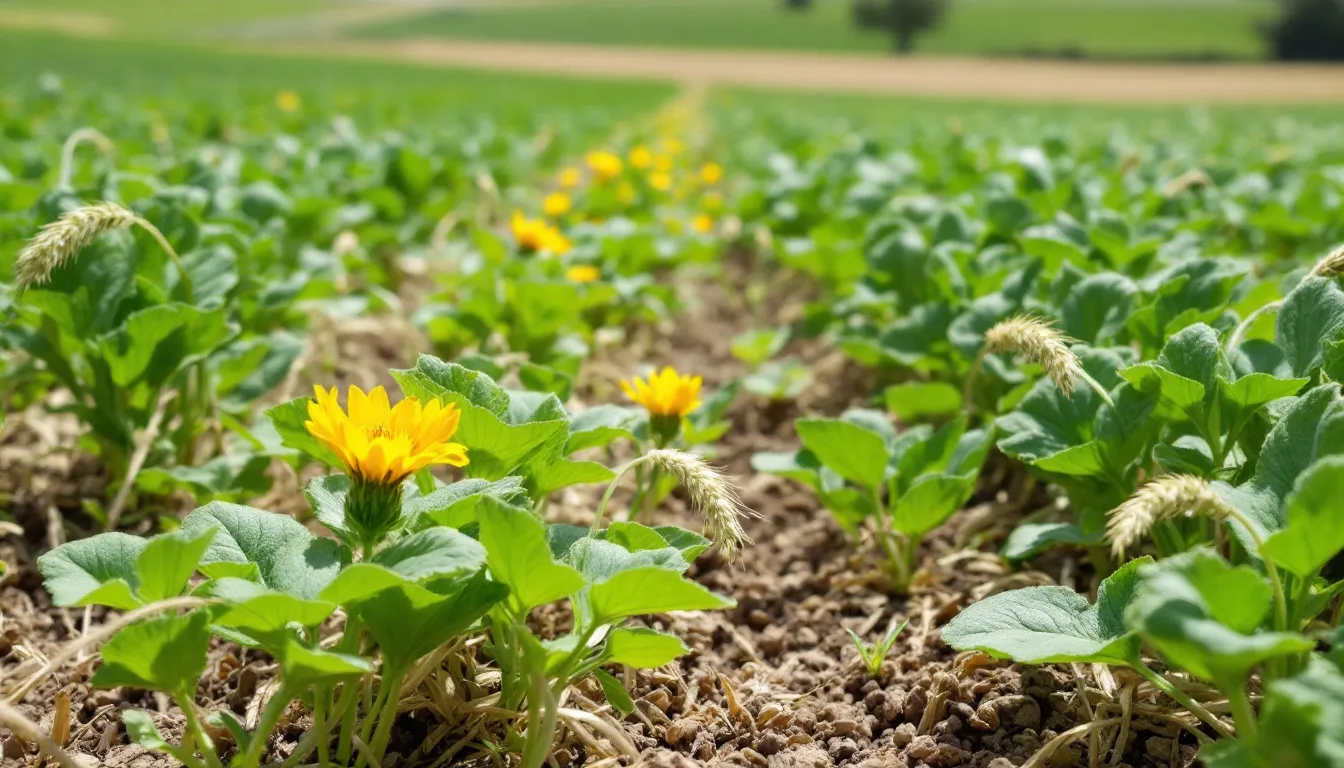 In the image, a diverse multi-layer farming system showcases various cover crops, including radish and cereal rye, which enhance soil health and improve nutrient cycling. These plants contribute to root growth and protect the soil surface, addressing issues like soil erosion and compaction in northern regions.