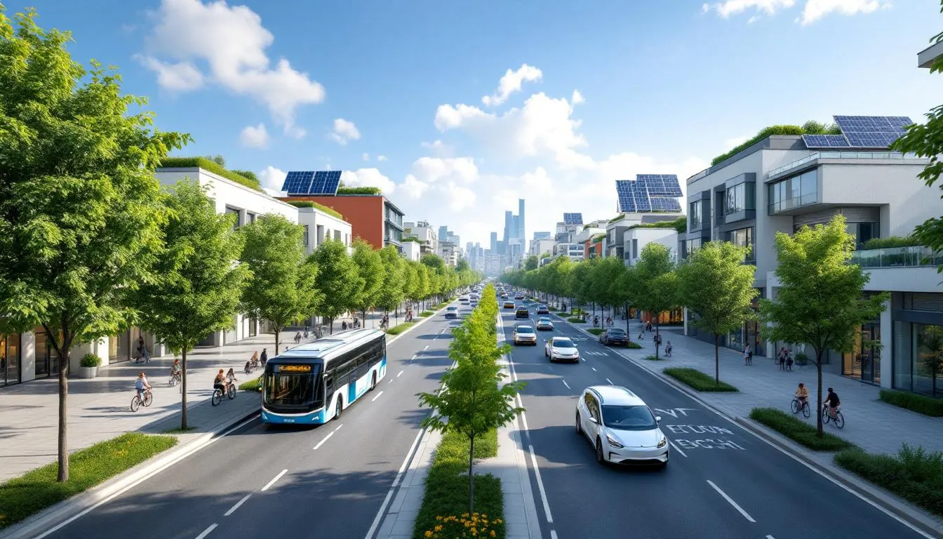 In the image, a vibrant urban landscape showcases various sustainable transport solutions, including electric buses and bike lanes, highlighting the shift toward sustainable mobility. This scene captures the essence of green transport advancements aimed at reducing carbon emissions and improving air quality in cities, emphasizing the importance of sustainable transportation systems for a healthier future.