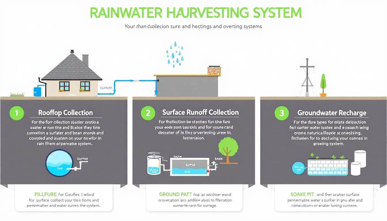 In this image, various types of rainwater harvesting systems are displayed, illustrating methods for collecting and storing rainwater for sustainable water use in homes. The image highlights elements such as storage tanks, filtration systems, and the conveyance systems used to capture harvested rainwater for applications like toilet flushing and garden irrigation.