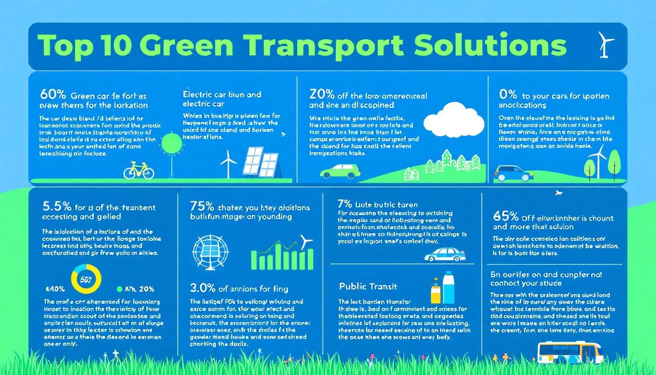 The image presents a comparative overview of the top 10 green transport solutions, highlighting various sustainable mobility options such as electric vehicles, hydrogen fuel cells, and public transportation systems. It emphasizes their role in reducing carbon emissions and improving air quality while promoting a more sustainable future in urban mobility.