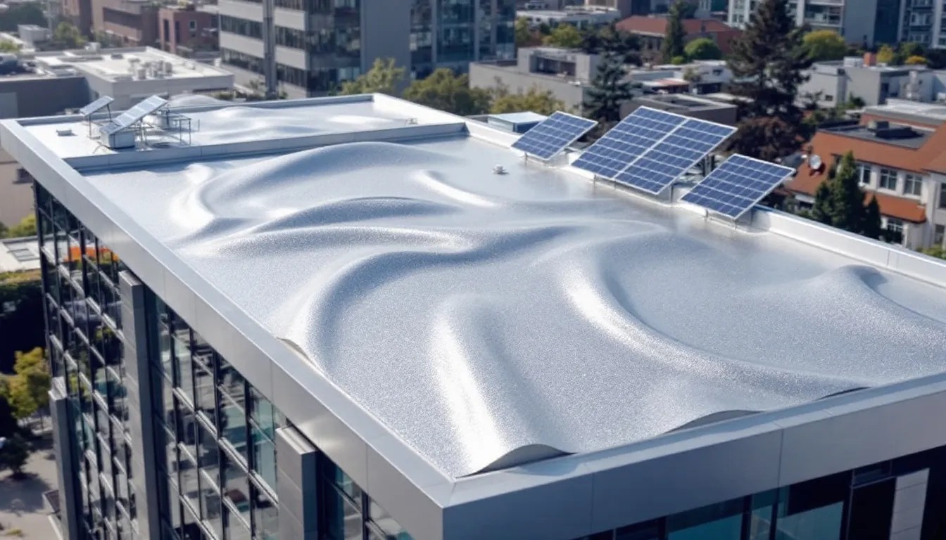 The image illustrates the benefits of using reflective and cool roofing materials for buildings, showcasing a modern commercial structure with a cool roof that features high solar reflectance. This design helps reduce energy costs and indoor temperatures, contributing to energy efficiency and urban heat island mitigation.