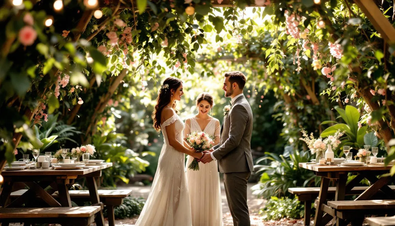 An eco-friendly wedding celebration is depicted, showcasing a beautifully arranged outdoor venue adorned with potted plants and seasonal blooms. The wedding party is dressed in sustainable attire, while guests enjoy locally sourced food, emphasizing the commitment to reducing the carbon footprint and embracing eco-friendly practices.