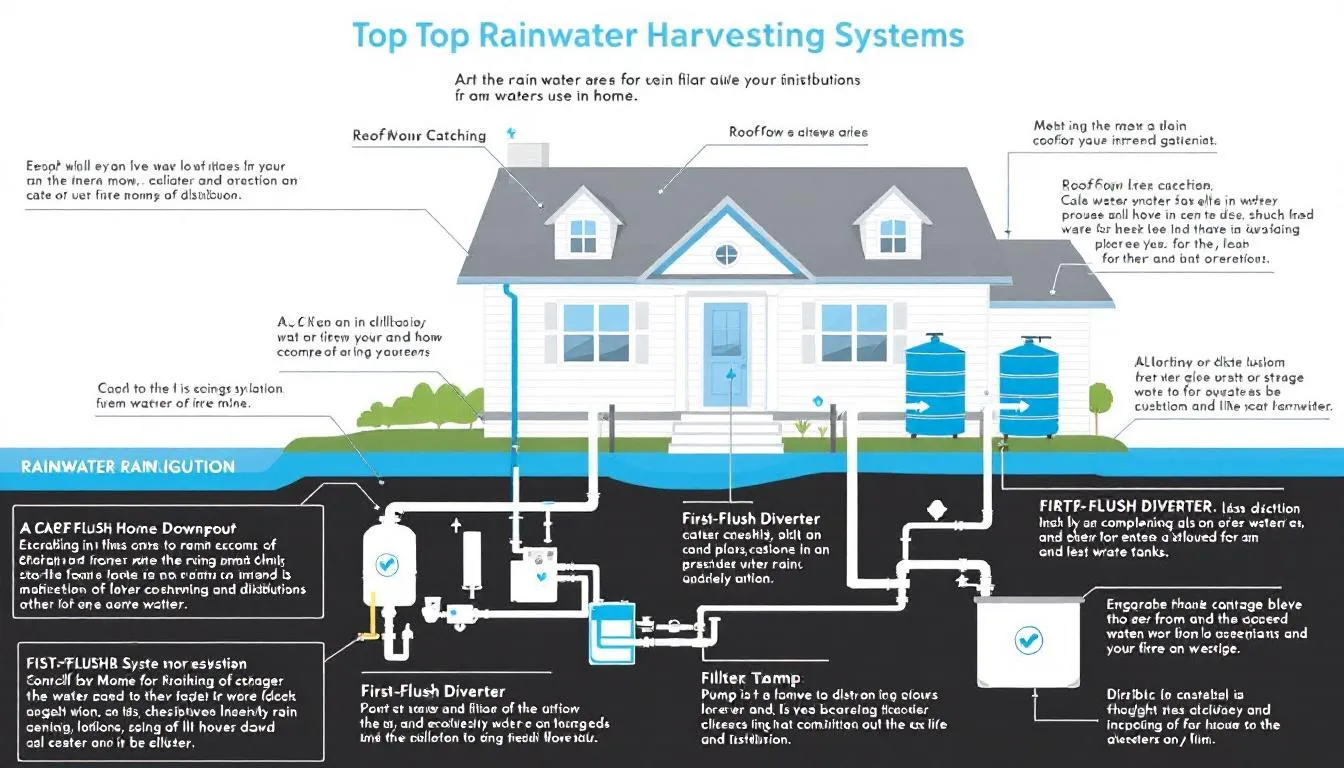The image showcases various rainwater harvesting systems designed for sustainable water use in homes, featuring components like storage tanks and filtration systems. These systems are essential for collecting and storing rainwater, promoting water conservation and reducing household water bills.