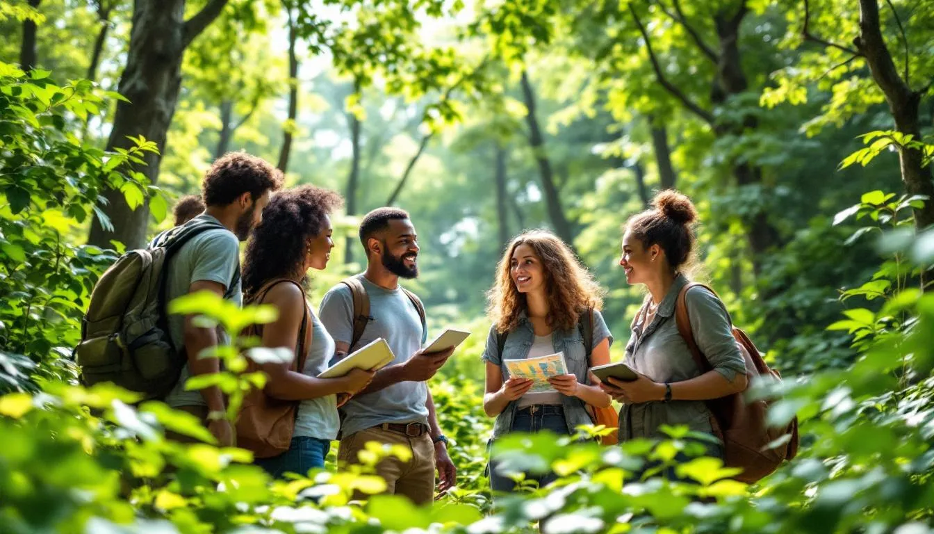 In the image, a diverse group of professionals is gathered around a table, discussing strategies for a nature positive future. They are focused on setting ambitious nature targets and exploring sustainable practices that go beyond carbon neutrality, aiming to create a net positive impact for ecosystems and local communities.