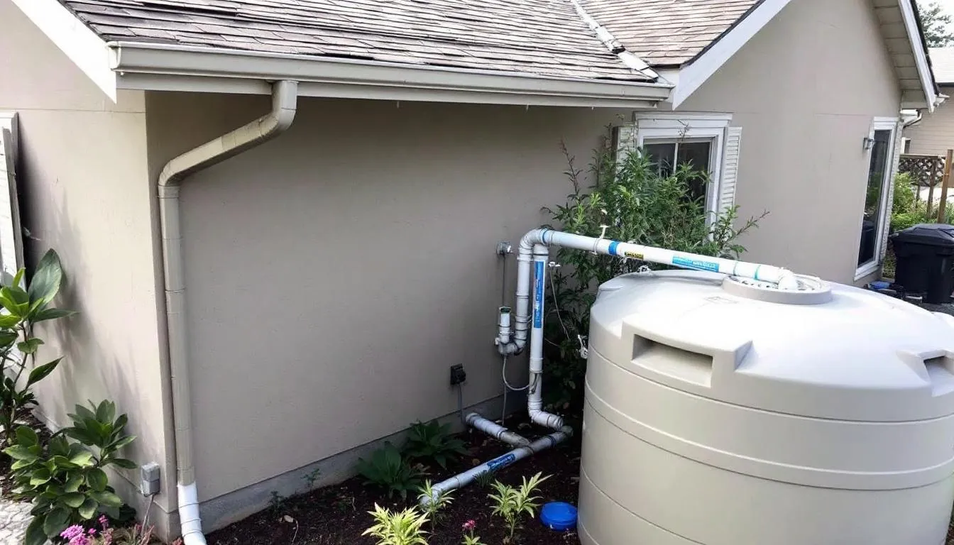 A rainwater harvesting system is depicted, showcasing a rooftop setup with gutters directing rainwater into storage tanks. This sustainable water collection system emphasizes the importance of water conservation and reducing reliance on municipal water supplies.
