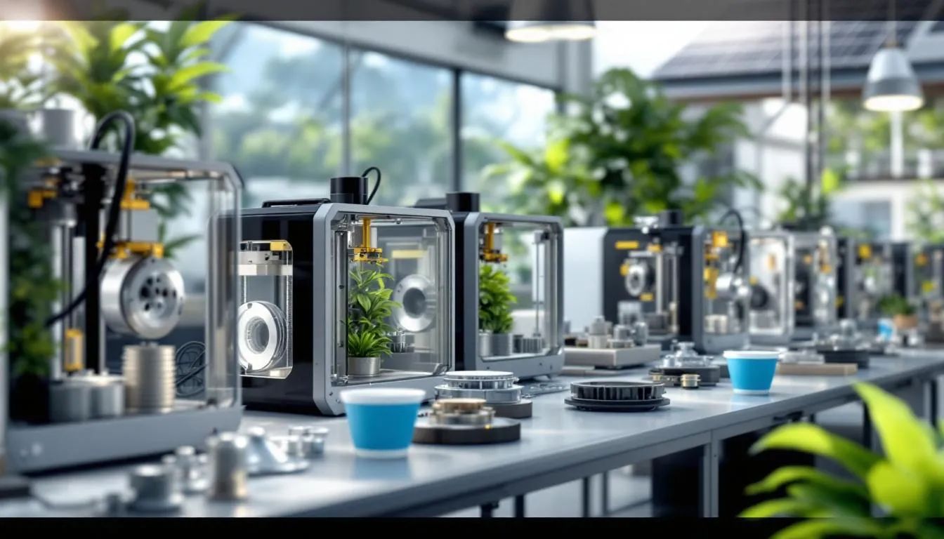In the image, various 3D printed components are displayed, showcasing the additive manufacturing process that minimizes material waste and reduces carbon emissions compared to traditional manufacturing methods. This visual representation highlights how sustainable manufacturing practices can lead to a more environmentally friendly future by utilizing eco-friendly materials and enhancing operational efficiency.