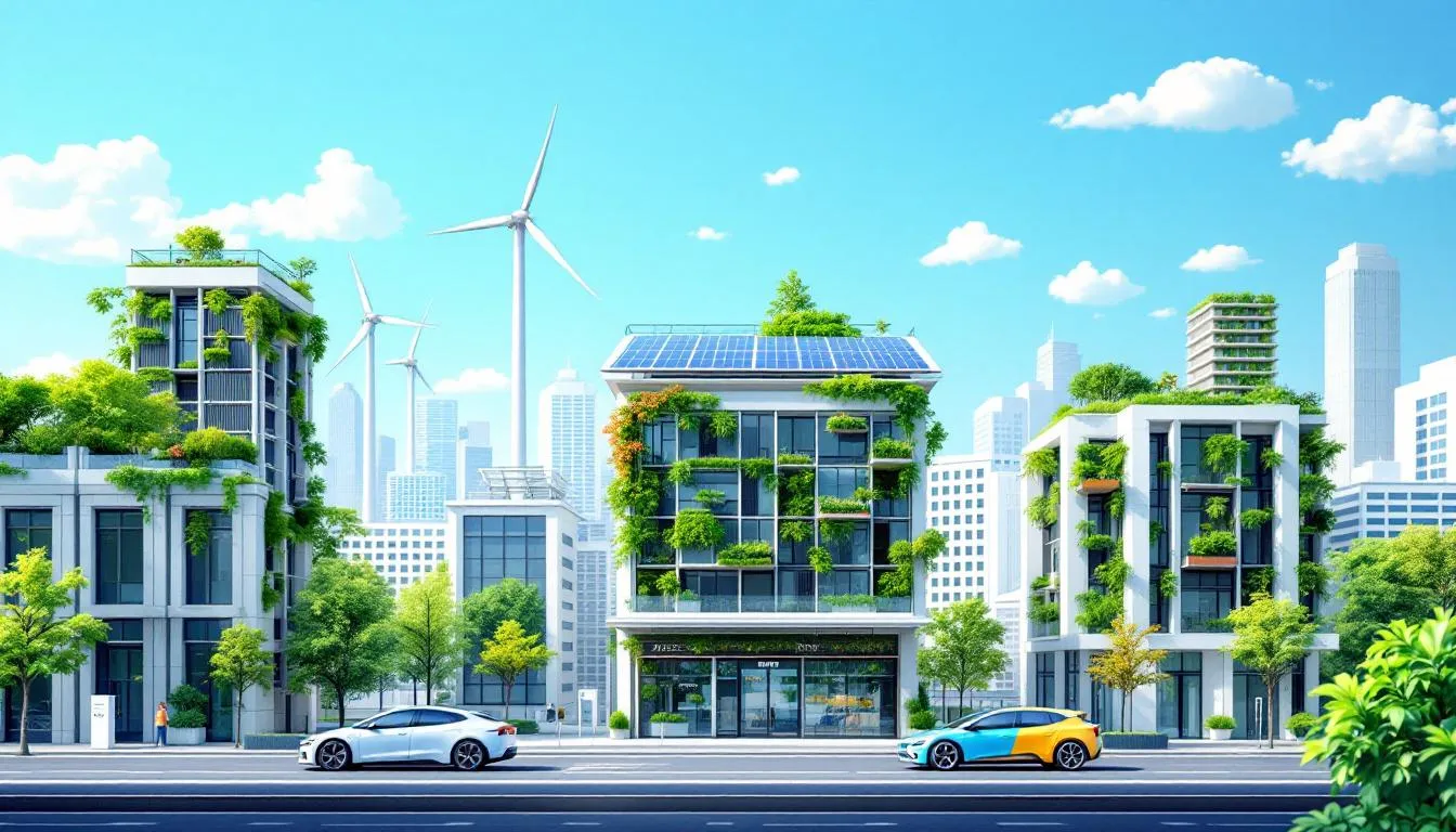 In the image, a diverse group of individuals is engaged in a discussion about winning GreenTech marketing strategies for a sustainable world, focusing on renewable energy, sustainable practices, and eco-conscious consumers. They are surrounded by visual representations of green technologies, such as solar panels and eco-friendly packaging, symbolizing their commitment to reducing carbon emissions and promoting sustainability initiatives.