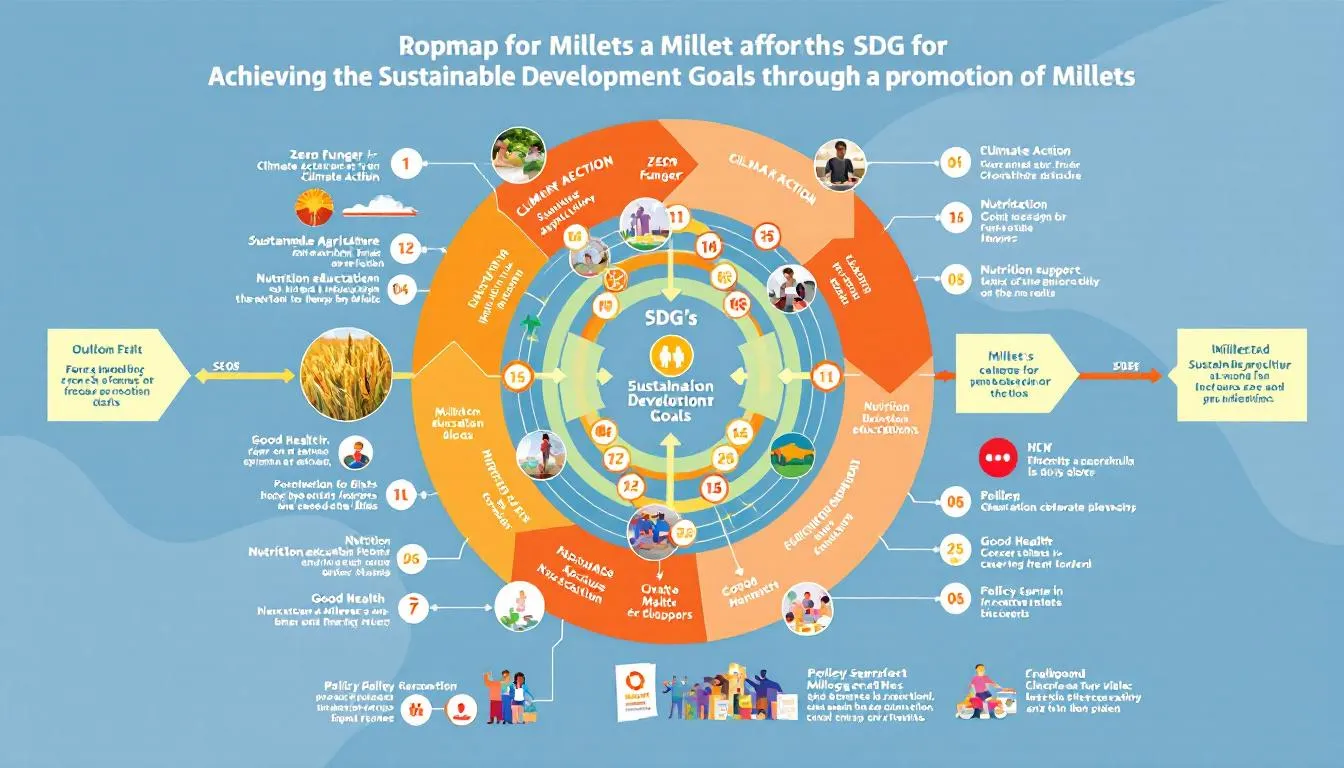 An illustrated roadmap outlines strategies for achieving Sustainable Development Goals (SDGs) through millet cultivation, highlighting various types of millets such as foxtail, pearl, and finger millet. The image emphasizes sustainable agriculture practices, the empowerment of small and marginal farmers, and the role of millets in promoting food security and nutritional benefits within agricultural landscapes.