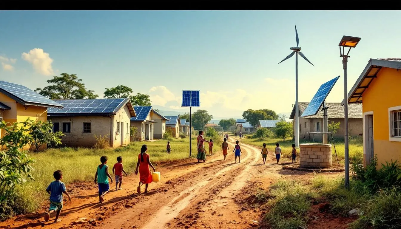 The image depicts a diverse group of individuals engaged in a discussion about renewable energy solutions in developing countries, highlighting the importance of climate finance and sustainable investments. This gathering emphasizes the role of private capital and public support in accelerating energy access and promoting climate resilience in emerging markets.