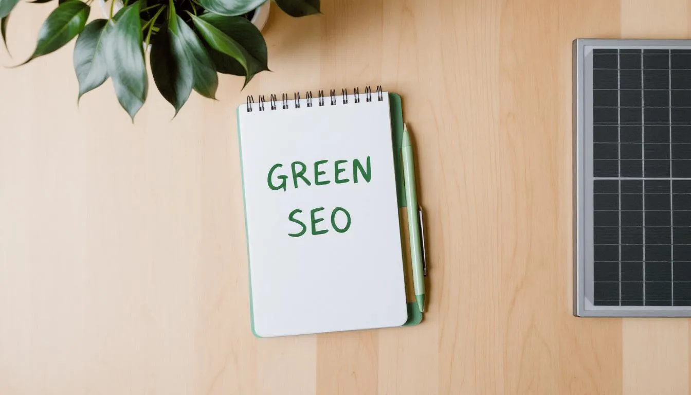 In the image, a digital marketing professional analyzes data on a laptop, surrounded by greenery, symbolizing the integration of green SEO practices into their strategy. The scene highlights the importance of sustainable practices in boosting search engine rankings and reducing the carbon footprint of digital efforts.