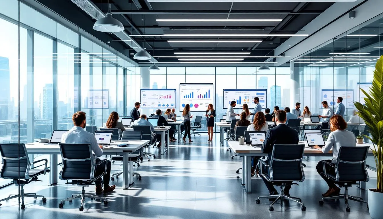 In the image, a diverse group of business leaders and policymakers are engaged in a discussion about developing a conducive business environment through sectoral and cross-cutting policies. They emphasize the importance of climate finance and sustainable investments in emerging markets to promote green finance and achieve sustainable development goals.