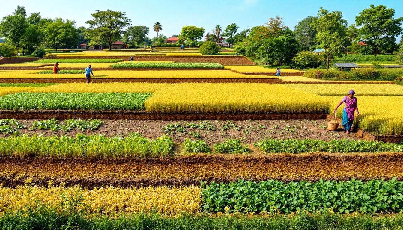 In the image, a diverse agricultural landscape showcases the integration of millet cultivation, including foxtail, pearl, and finger millets, in a five-layer farming system. This sustainable approach highlights small and marginal farmers working together to promote nutritional security and food security through natural farming practices and crop diversity in Andhra Pradesh.