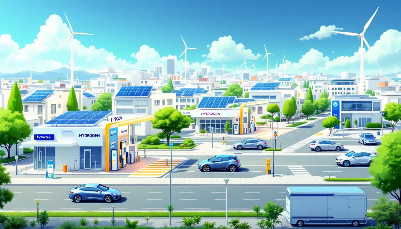 The image depicts a modern renewable energy infrastructure showcasing various elements like solar panels and wind turbines, symbolizing the integration of hydrogen into energy systems. This visual represents the global energy transition towards a sustainable energy future, emphasizing the role of green hydrogen in reducing carbon emissions and enhancing energy security.