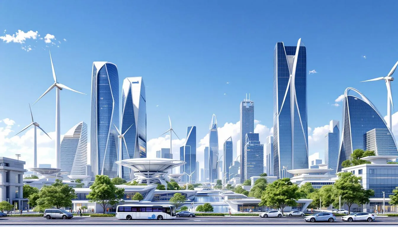 The image depicts a futuristic landscape showcasing hydrogen power as the next frontier of renewable energy, featuring hydrogen fuel cells and green hydrogen production facilities. This scene emphasizes the integration of renewable energy technologies, such as solar and wind energy, contributing to a sustainable energy future and reducing greenhouse gas emissions.
