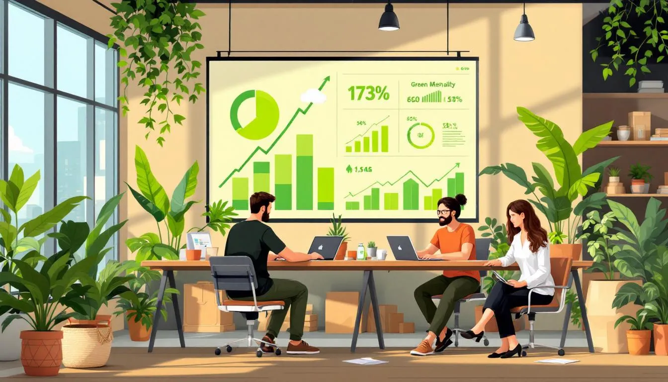 The image illustrates the concept of green SEO, showcasing various eco-friendly practices that enhance digital marketing and search engine optimization. It emphasizes the importance of sustainable strategies in improving SEO rankings while contributing to a sustainable future, appealing to eco-conscious consumers.