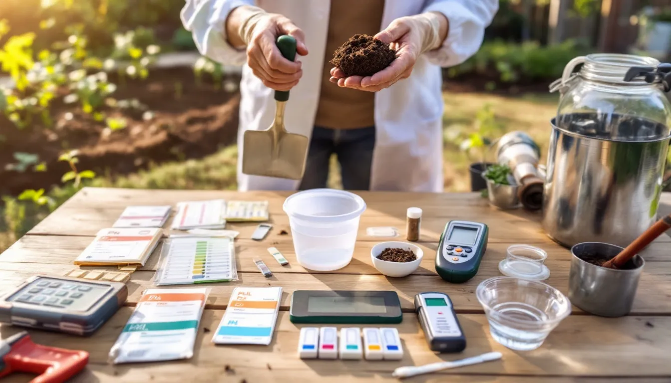 In the image, a person is collecting soil samples from their garden using a soil probe, preparing to analyze the soil for its nutrient levels and pH. This DIY soil testing process is essential for determining soil health and fertility before starting natural farming.