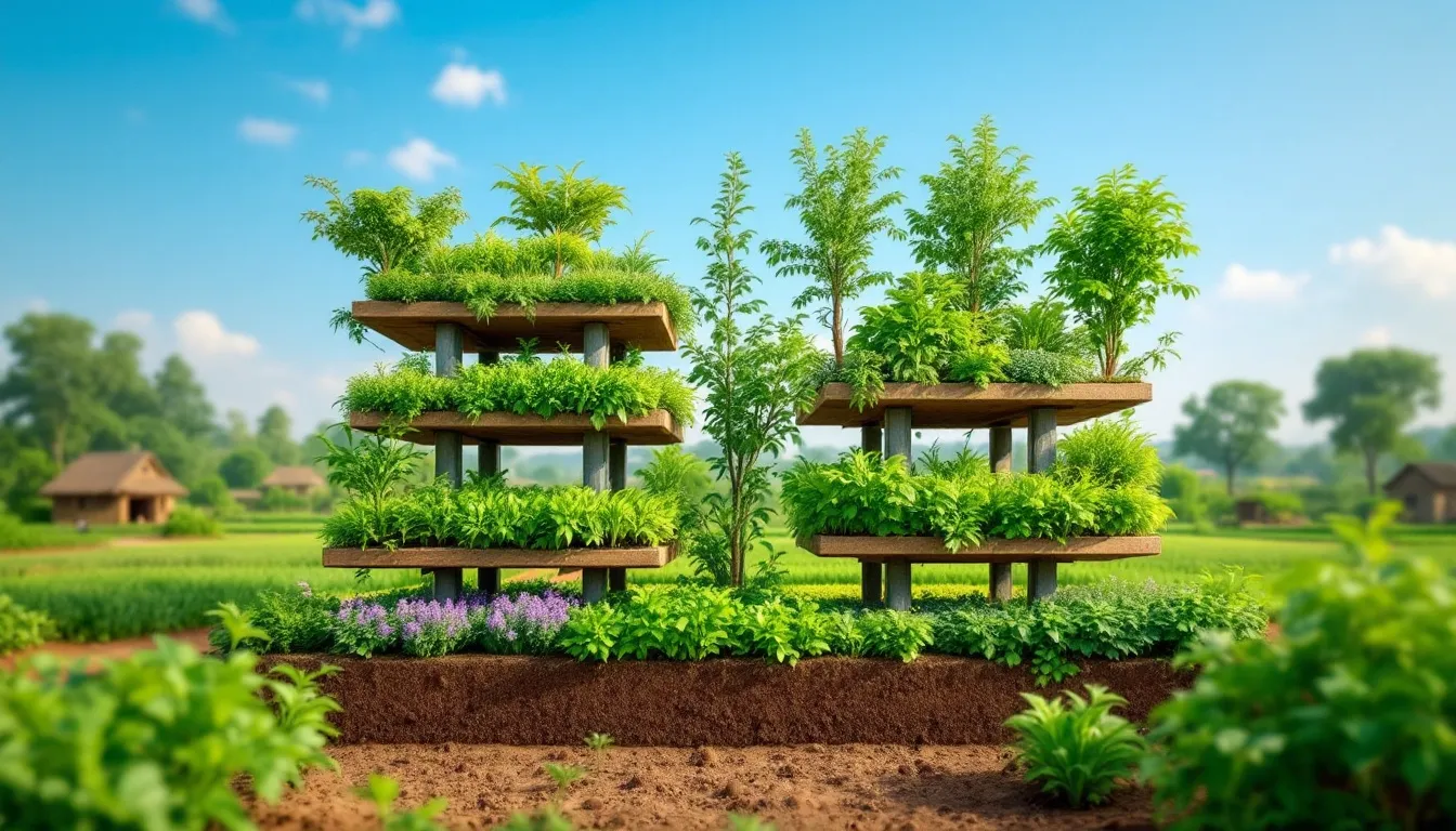 The image depicts a vibrant landscape showcasing the future of five-layer farming in Karnataka, illustrating various crops and vegetables being cultivated in a sustainable farming system. It highlights the importance of innovative agricultural practices for food security and the development of profitable farming methods that support local farmers and enhance resources in India.