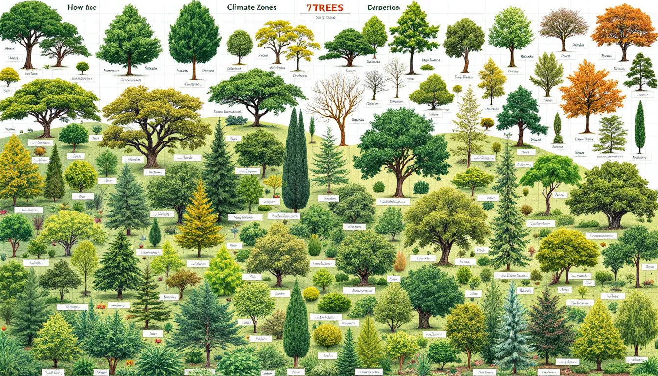 In the image, a diverse landscape showcases various tree species, including tall deciduous trees like honey locust and red maple, providing shade and habitat for wildlife. The scene emphasizes the importance of selecting the right trees for your climate zone, highlighting their mature height and root systems, which contribute to a thriving garden and healthy tree canopy.