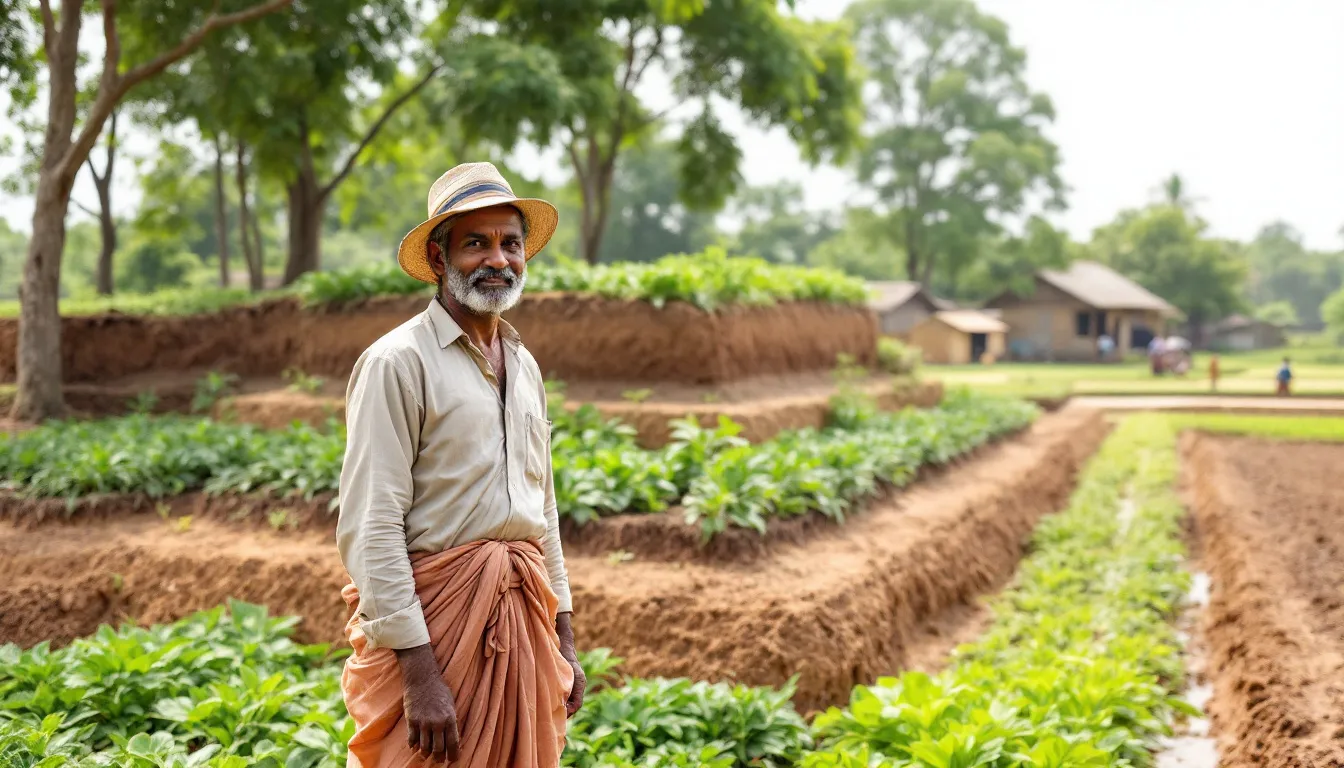The image depicts a vibrant agricultural landscape in Karnataka, showcasing diverse layers of crops and vegetables cultivated through sustainable farming practices. Farmers are actively engaged in their fields, illustrating the success stories of the five-layer farming revolution that enhances food security and promotes sustainable agriculture in India.