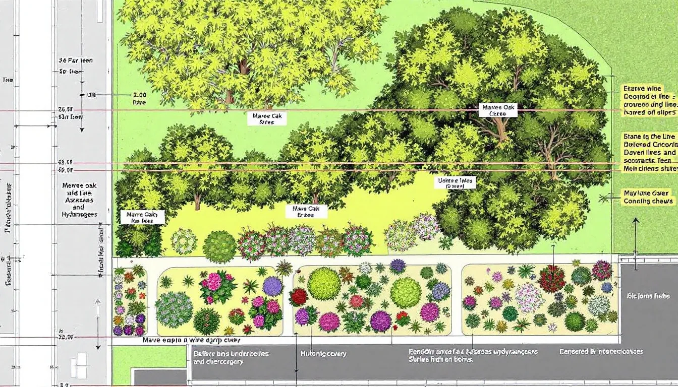 In this image, a well-designed tree canopy showcases a variety of tall canopy trees, such as oaks and red maples, layered with shrubs and groundcovers to create a diverse ecosystem. The scene emphasizes proper spacing to accommodate root systems and avoid overcrowding, while also highlighting the importance of planting shade-loving plants like azaleas under the canopy for a thriving landscape.