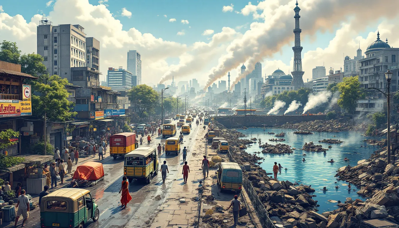 In the image depicting India's environment in 2025, a stark contrast is visible between urban areas suffering from extreme heat and pollution, and green spaces struggling to maintain their forest cover. The illustration highlights the urgent need for renewable energy capacity and effective waste management to combat climate change and build resilience against increasing greenhouse gas emissions and extreme weather events.