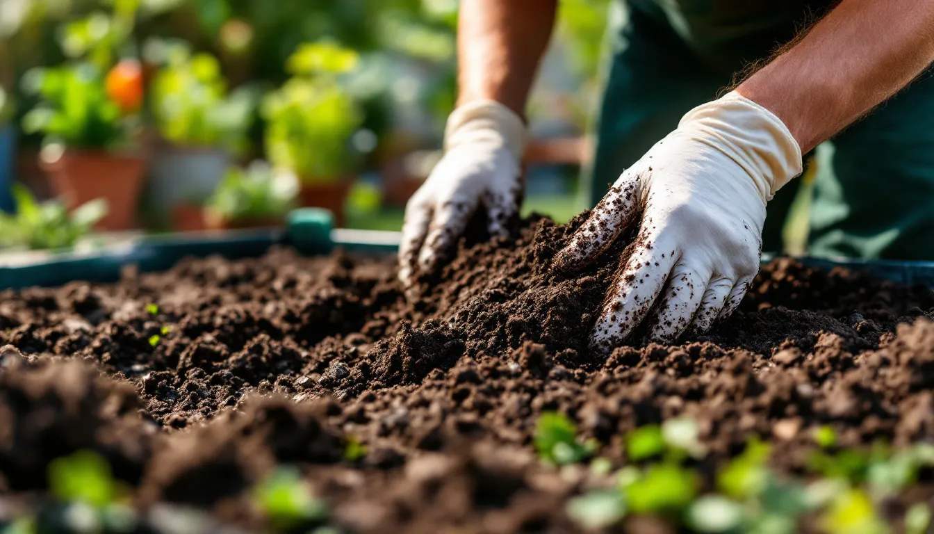 In the image, a vibrant garden showcases a variety of healthy plants thriving in well-structured garden beds, nourished by organic fertilizers like cow dung mixed with bone meal and fish amino acids. This natural approach promotes healthy plant growth and enriches soil health, supporting microbial activity essential for nutrient delivery and root development.