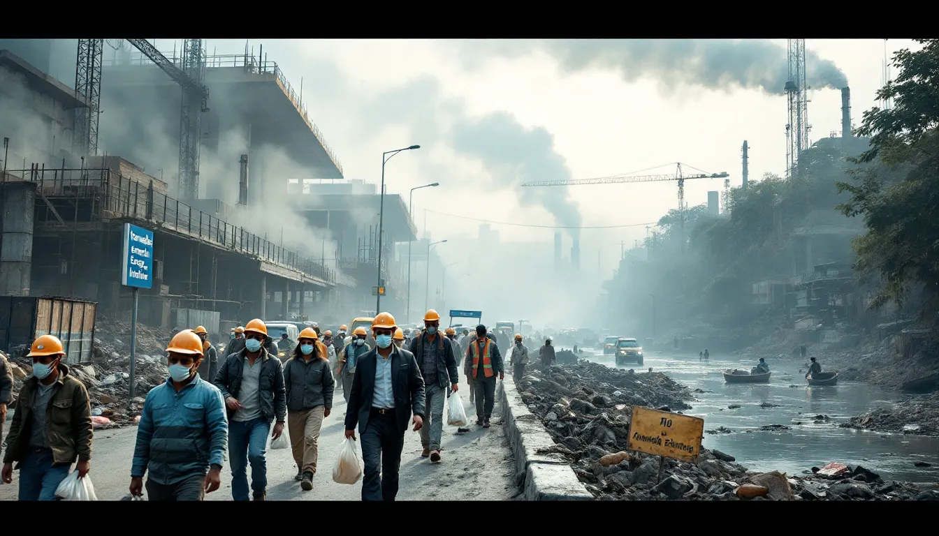 In the image depicting India's environment in 2025, we see a contrast between progress and challenges, highlighting the urgent need for action against air pollution and extreme weather events. Despite the Indian government's ambitious plans for renewable energy capacity and climate finance, nearly half of the population remains vulnerable to climate impacts, particularly in urban heat islands and rural areas.