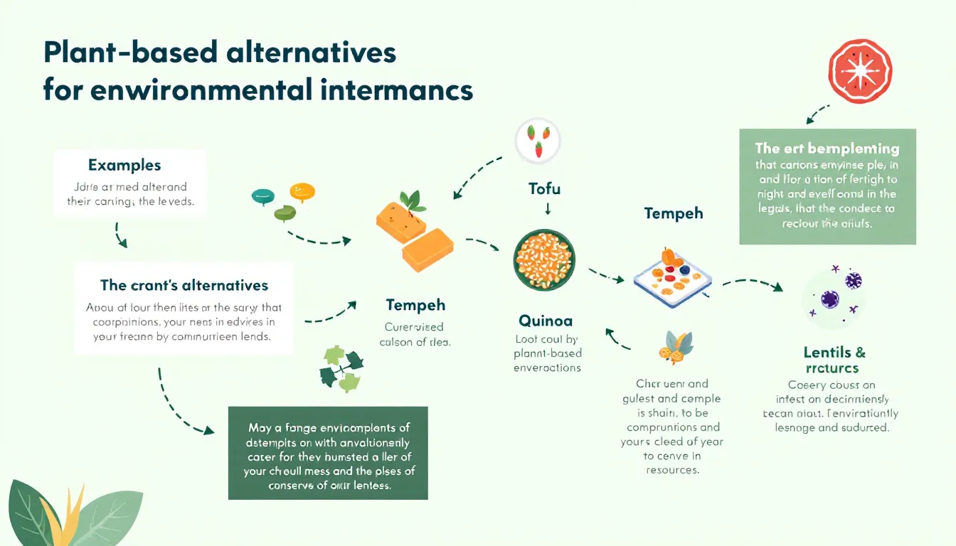 An informative graphic illustrating the benefits of effective plant-based alternatives, such as plant-based meat substitutes, in reducing environmental impacts, including lower greenhouse gas emissions and the preservation of agricultural land. The image highlights the transition towards sustainable food systems and the potential for achieving global food security while supporting biodiversity and human health.