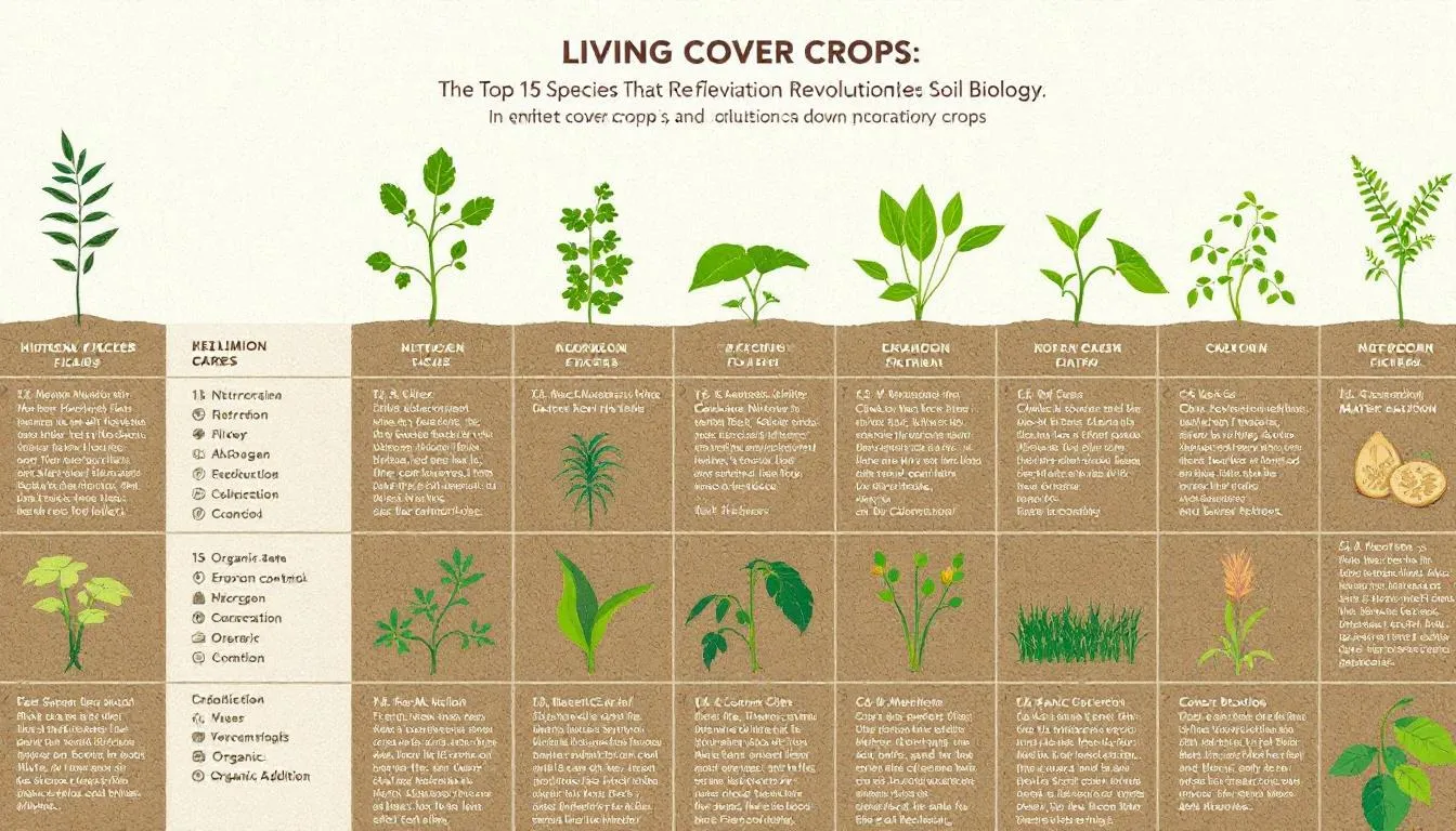The image showcases a variety of living cover crops, including legume and grass species, arranged to highlight their role in revolutionizing soil biology and improving soil health. These cover crop species enhance soil structure, increase soil organic matter, and support diverse soil microbial communities, ultimately benefiting subsequent crops and reducing soil erosion.