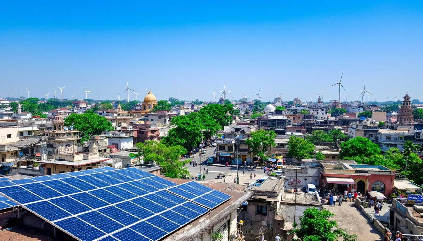 The image depicts a vibrant landscape showcasing India's commitment to renewable energy, featuring solar panels and wind farms that symbolize the country's acceleration towards green growth. In the background, a contrast is seen with coal-fired power plants, highlighting the shift in energy strategy as India aims to lead in clean energy amidst global climate change challenges.