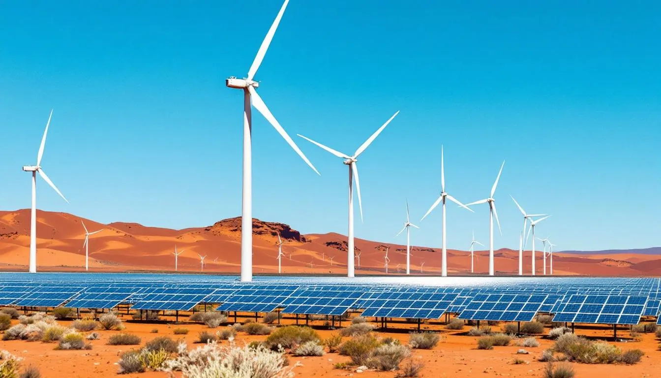 The image depicts a vibrant landscape showcasing Australia's renewable energy sector, featuring power-generating wind turbines against a clear sky. This visual representation emphasizes Australia's ambitious 2035 emission-cut target aimed at achieving net zero emissions, highlighting the shift away from fossil fuels and the commitment to a sustainable pathway forward in addressing climate change.