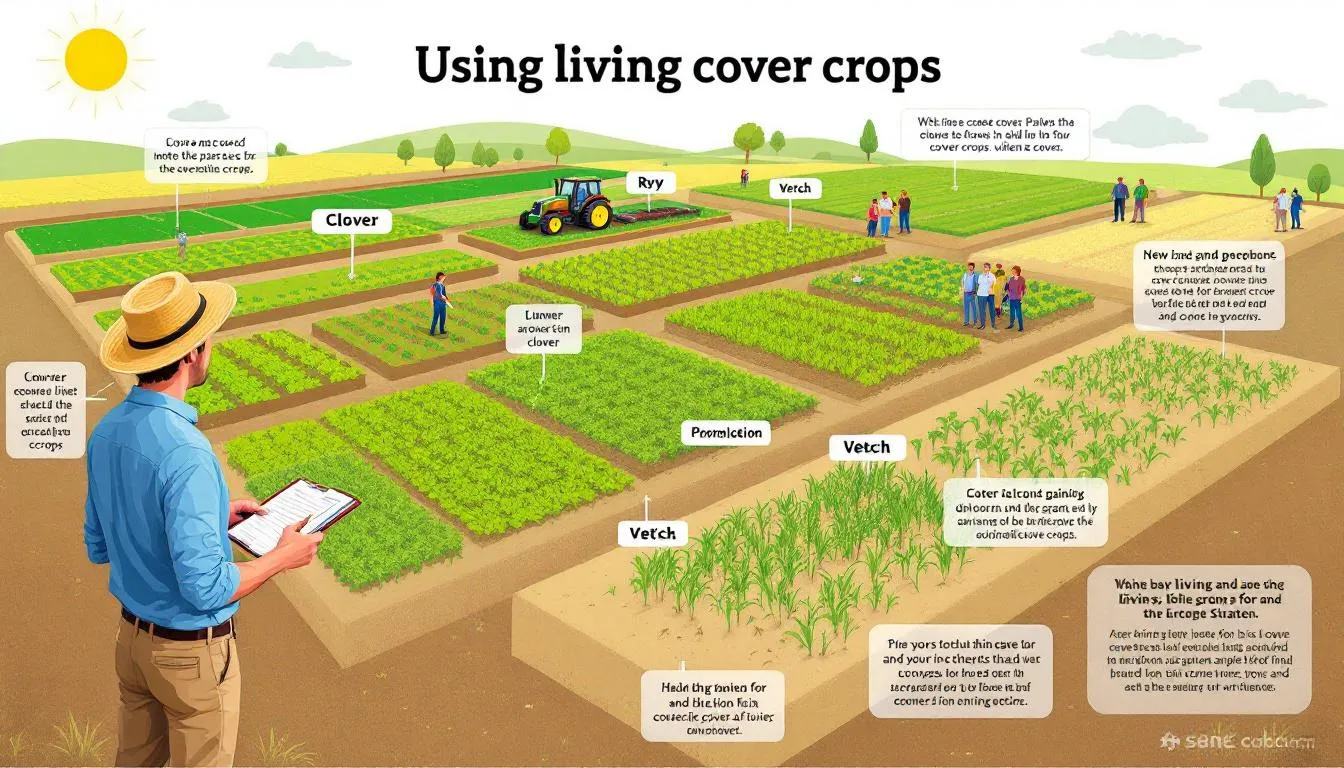 The image illustrates practical strategies for using living cover crops, showcasing various cover crop species and their benefits for soil health, including improved soil structure and enhanced microbial communities. Case studies highlight the effects of cover cropping on soil organic matter, nutrient cycling, and weed suppression, demonstrating their role in sustainable crop management.