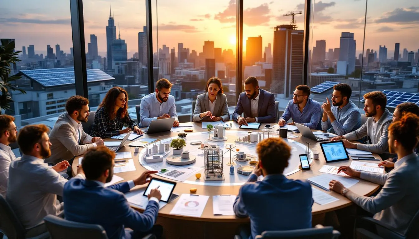 The image depicts a diverse group of international leaders discussing climate policies aimed at achieving net zero emissions and reducing greenhouse gas emissions. Key topics include Australia's ambitious 2035 targets, the role of fossil fuels, and the need for a sustainable pathway forward in energy production.