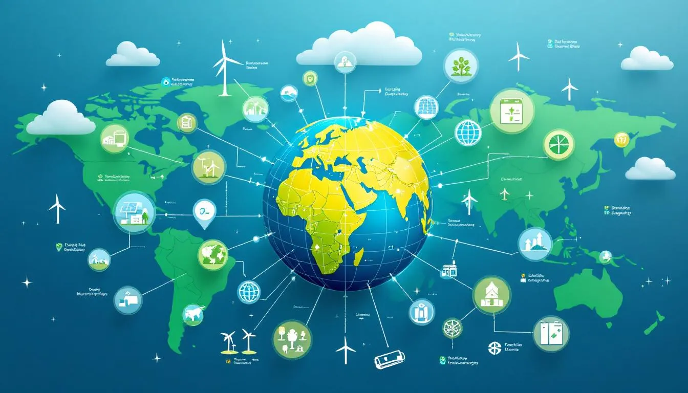 The image depicts a global map highlighting various countries engaged in international trade and cooperation for renewable energy technologies, emphasizing the transition to a renewable energy-based economy. It illustrates the importance of clean energy sources, such as solar and wind power, in combating climate change and enhancing energy security while showcasing the global energy landscape's shift towards sustainability.