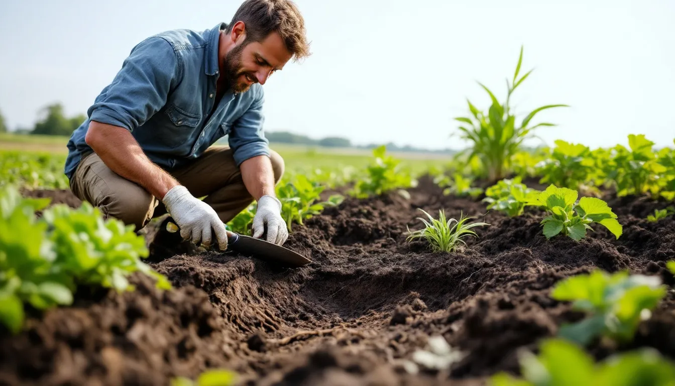 The image illustrates the concept of five-layer farming, showcasing a healthy soil profile enriched with organic material and diverse plant species. This regenerative agriculture method emphasizes the importance of soil health, soil organic carbon, and the role of soil organisms in restoring ecosystems and enhancing agricultural productivity.