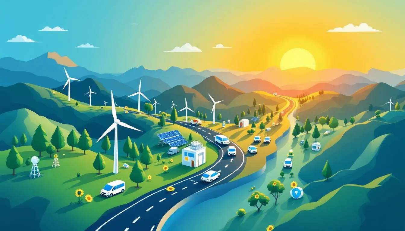 The image depicts a vibrant landscape showcasing India's commitment to becoming a global clean energy leader, featuring solar panels and wind farms that symbolize the country's shift towards renewable power. Prime Minister Narendra Modi's vision is highlighted as India accelerates its transition from coal-fired power plants to clean energy solutions, reflecting its ambition in climate action and adherence to the Paris Agreement.