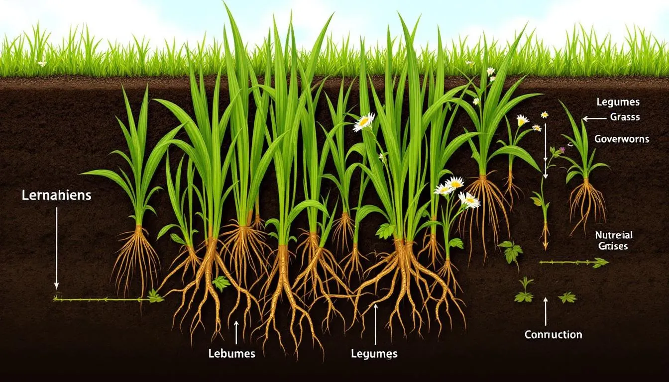The image illustrates a diverse field of living cover crops, showcasing various cover crop species, including legumes and grasses, which enhance soil health by promoting continuous root activity and improving soil structure. This vibrant mix supports soil microbial communities, aids in nutrient cycling, and helps in weed suppression, ultimately benefiting subsequent cash crops.
