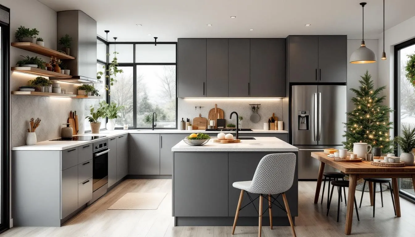 The image showcases a beautifully designed eco-friendly kitchen featuring sustainable materials and energy-efficient appliances. With clean lines and a mix of navy blue and emerald green cabinetry, the space is filled with natural light and incorporates smart technology, reflecting the kitchen trends for Christmas and New Year 2025.