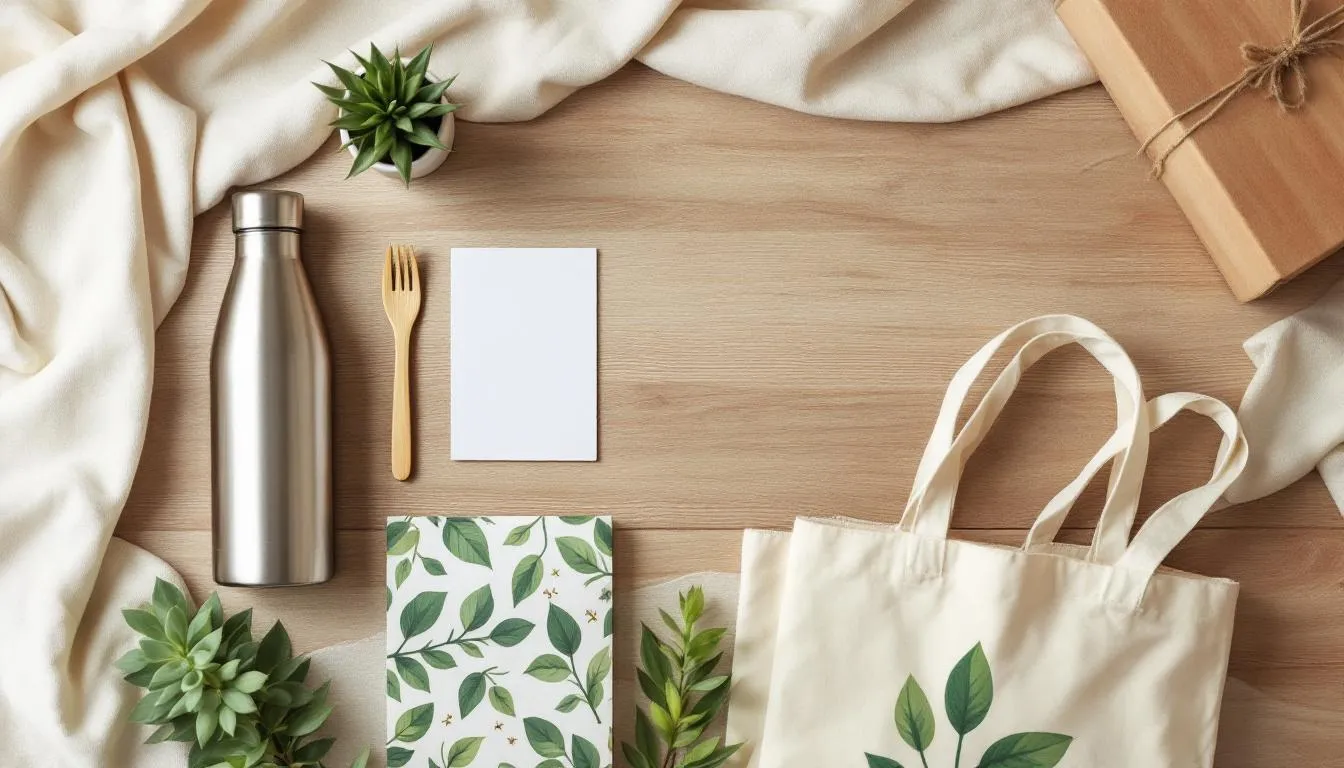 The image features a beautifully arranged display of sustainable gifts for the holiday season, including eco-friendly options like organic cotton items, beeswax wraps, and thoughtful gifts from local artisans. This sustainable holiday gift guide emphasizes reducing waste with recycled materials and plastic-free packaging, perfect for bringing joy to loved ones while supporting small businesses.