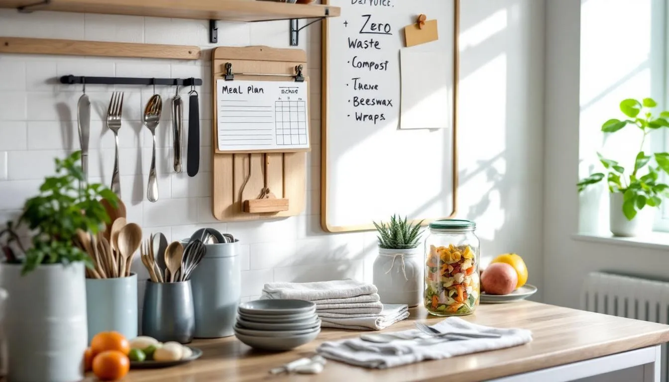 The image depicts a cozy, eco-friendly kitchen adorned with reusable items such as cloth napkins and beeswax wraps, emphasizing sustainable practices for the holiday season. A meal planning board and compost container are visible, illustrating tips to reduce food waste and create a greener environment while hosting friends and family.