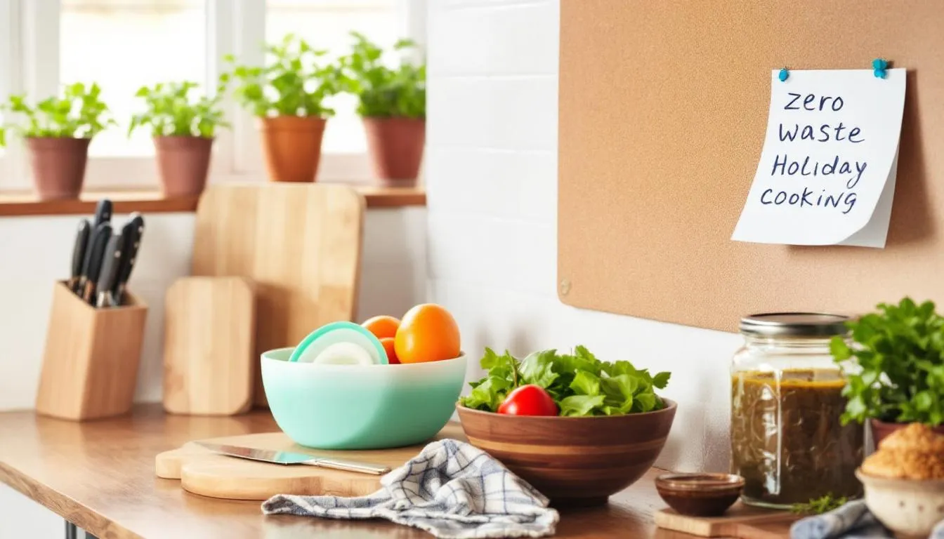 The image showcases a festive kitchen adorned with eco-friendly Christmas decorations, where a family is engaged in low-waste cooking, preparing delicious holiday meals and using up leftovers. The scene emphasizes the joy of the holiday season through thoughtful meal planning and reducing food waste, creating a warm atmosphere filled with love and creativity.