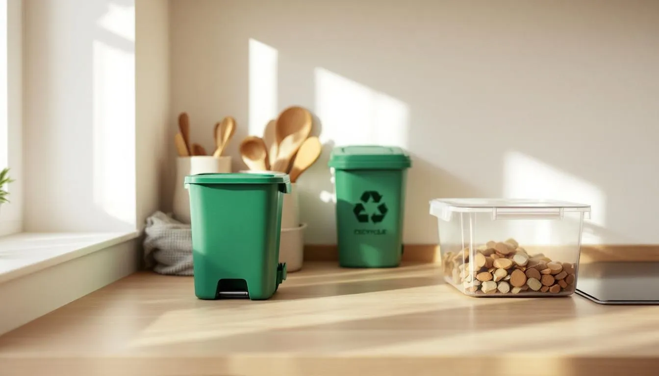 The image depicts a tidy kitchen scene showcasing eco-friendly practices, such as a compost bin for food scraps and organized containers for storing leftovers. This setup illustrates practical tips for reducing food waste during the holiday season, making it easier for families to create sustainable meals while hosting guests.
