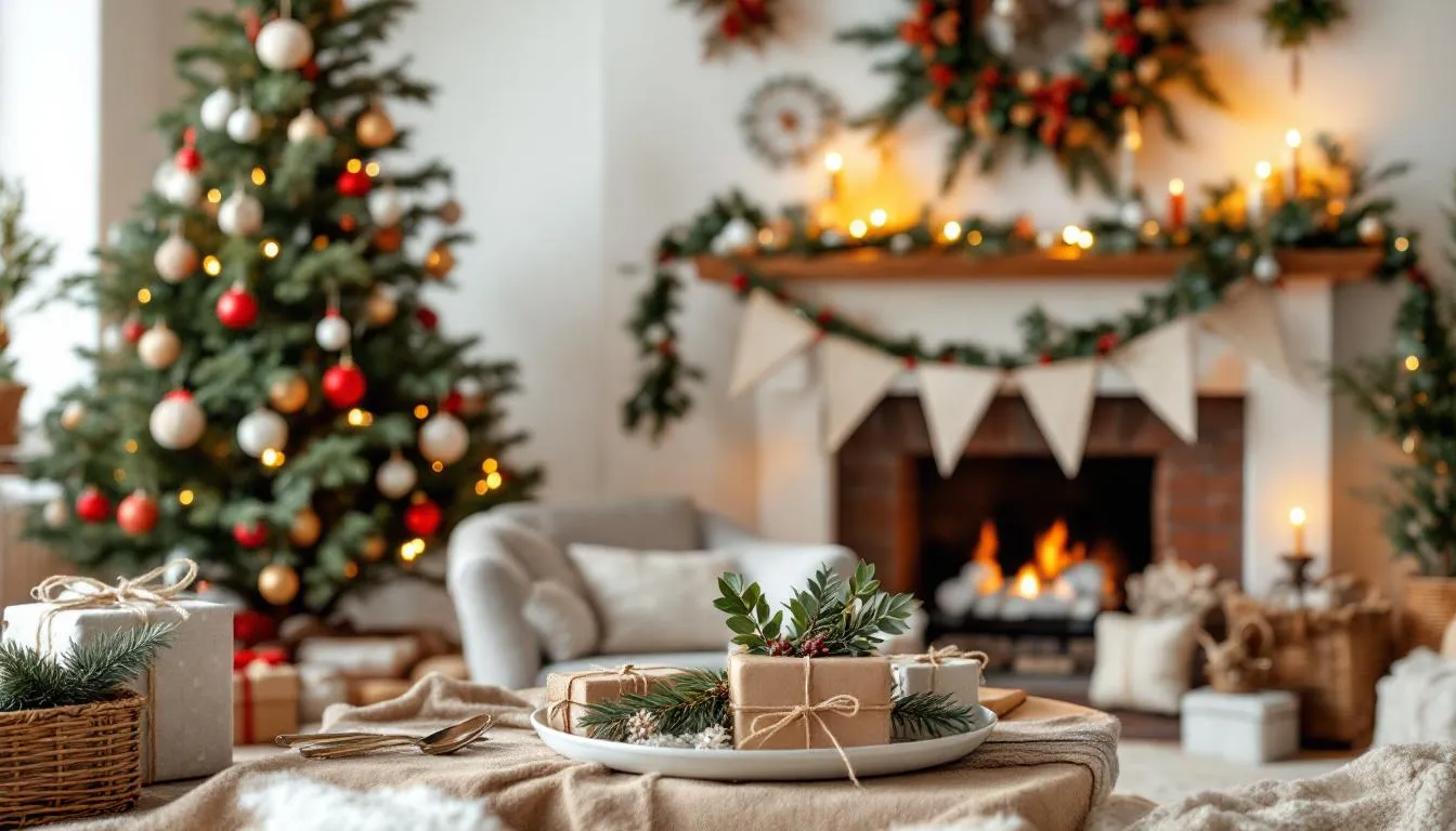 The image showcases a collection of eco-friendly holiday decorations made from sustainable materials, including DIY salt dough ornaments and natural elements like dried flowers and pine cones. This festive display emphasizes reducing waste and using reusable decorations to create a beautiful and environmentally friendly atmosphere for the holiday season.