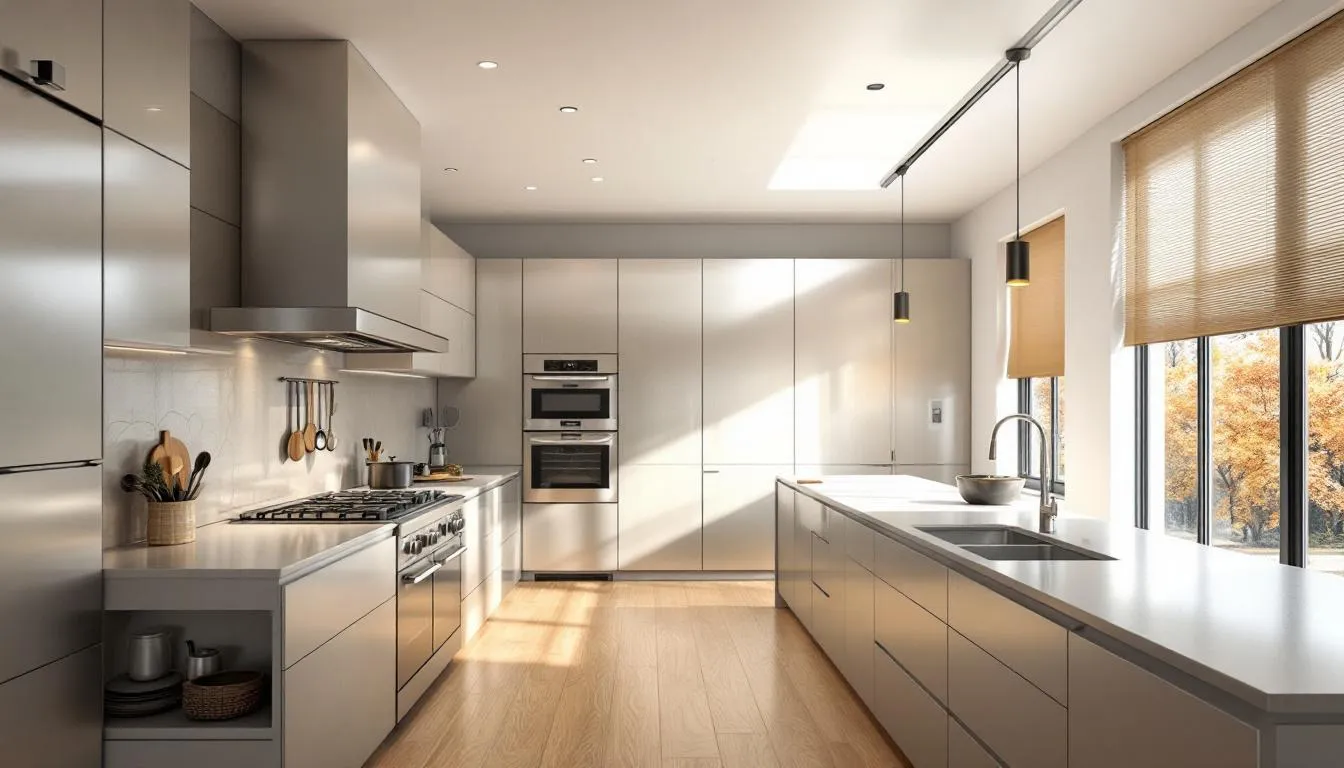 The image showcases a modern kitchen design that emphasizes the importance of natural light and smart lighting solutions, featuring eco-friendly materials such as reclaimed wood and energy-efficient appliances. The space is well-ventilated and clutter-free, with sleek shaker-style cabinets in a navy blue shade, promoting a healthy cooking environment while highlighting the latest kitchen trends for 2025.