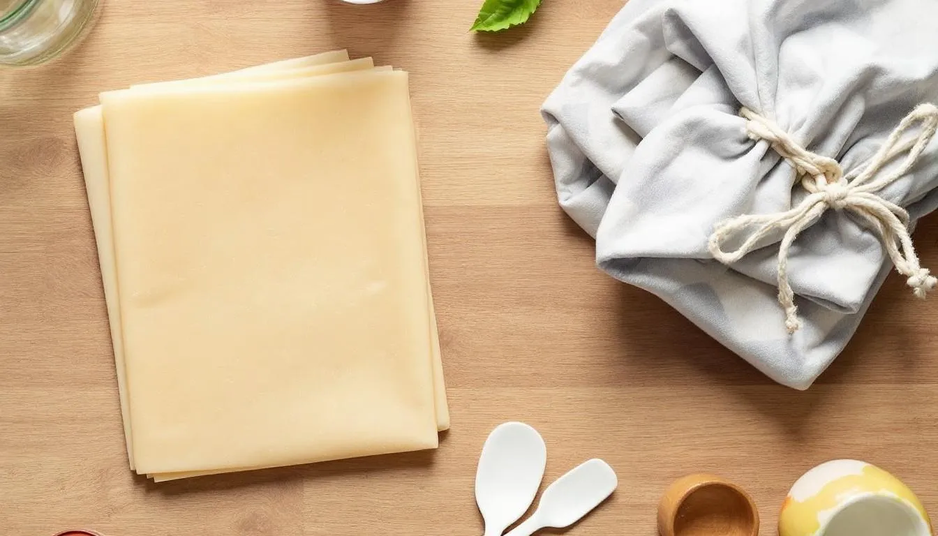 The image depicts a vibrant green kitchen filled with eco-friendly alternatives, showcasing beeswax wraps replacing plastic wrap, reusable produce bags, and glass storage containers. These simple swaps highlight a sustainable lifestyle aimed at reducing food waste and minimizing plastic waste for a healthier home.