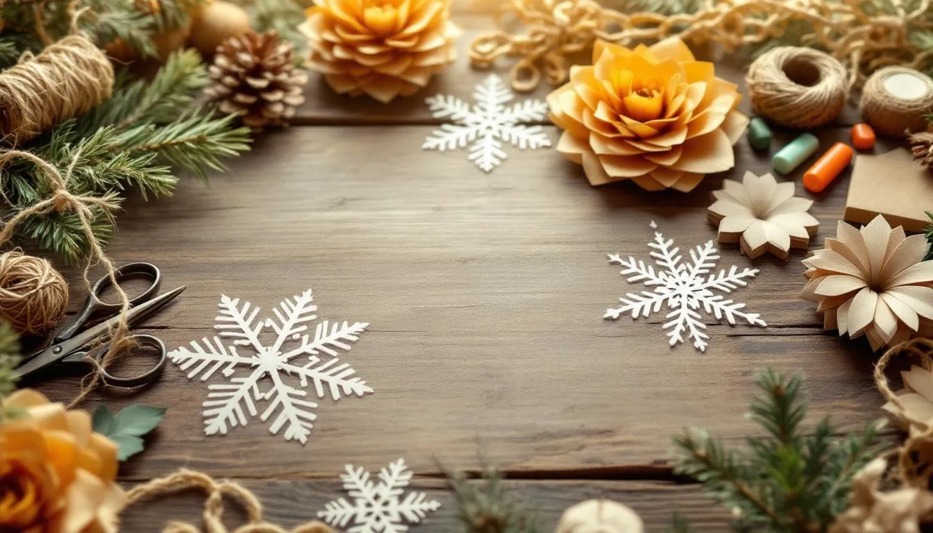 The image showcases a variety of eco-friendly holiday decorations made from brown paper crafts, including intricately designed paper flowers, delicate paper snowflakes, and colorful paper chains. These sustainable materials not only add rustic charm to the holiday decor but also promote a more sustainable future by reducing waste and utilizing recycled paper.