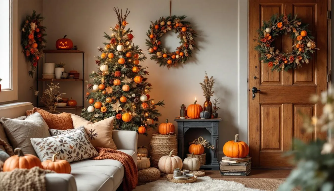 The image showcases a collection of eco-friendly holiday decorations for Halloween and Christmas, featuring DIY ornaments made from sustainable materials like fabric scraps, dried flowers, and recycled paper. The display includes rustic charm elements such as salt dough ornaments, natural decorations, and creative uses of household items, emphasizing zero waste ideas for a more sustainable future during the holiday season.