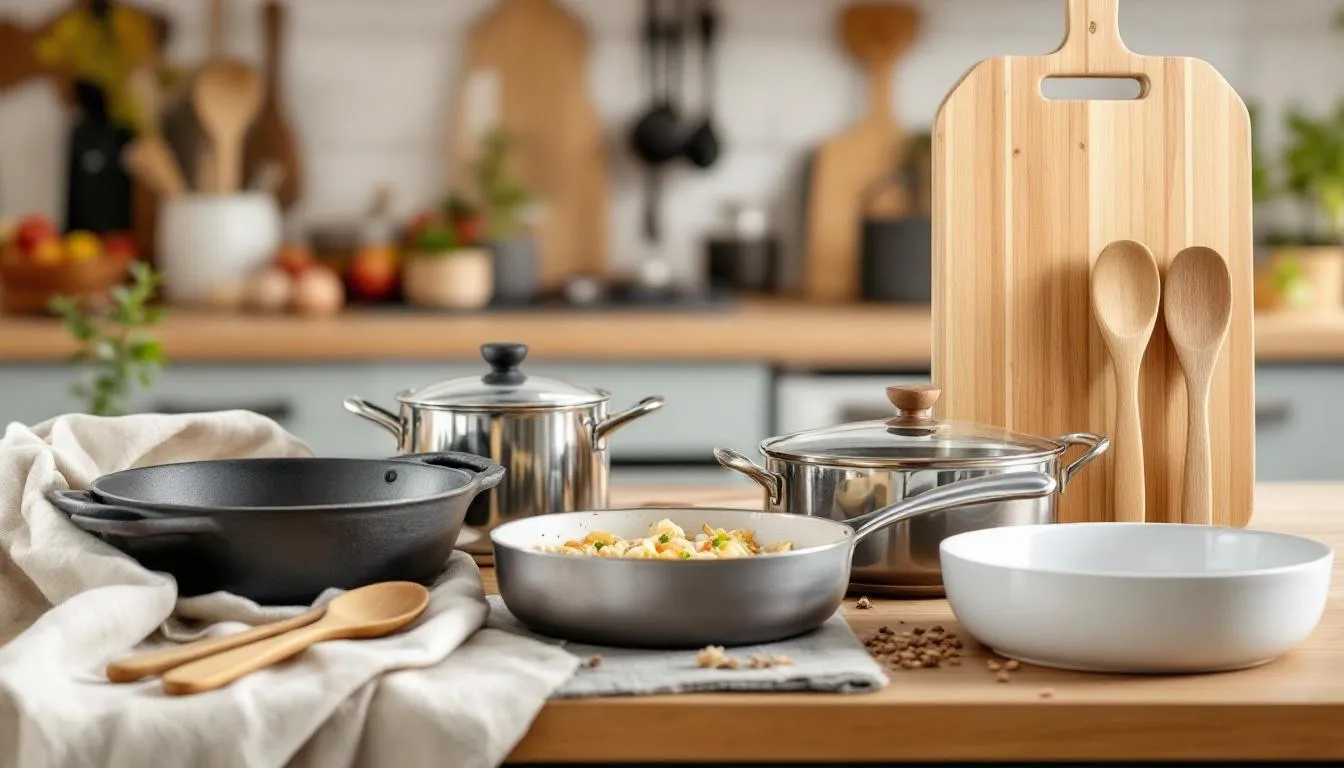The image showcases a variety of sustainable cookware and utensils, including cast iron pans and stainless steel pots, arranged neatly in a green kitchen setting. These eco-friendly alternatives are highlighted as a way to reduce household waste and avoid harmful chemicals, promoting a healthier planet and a more sustainable lifestyle.