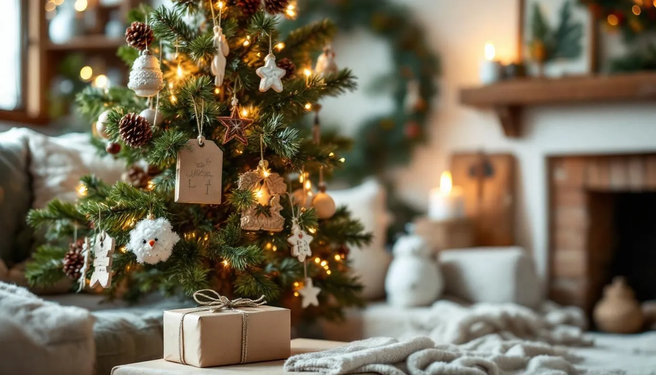 The image showcases a beautifully decorated eco-friendly Christmas kitchen, featuring a real Christmas tree adorned with sustainable ornaments, and a dining table set for a holiday dinner party with low waste cooking ideas. Personalized gifts and thoughtful decorations are displayed, emphasizing a joyful and waste-conscious holiday season.